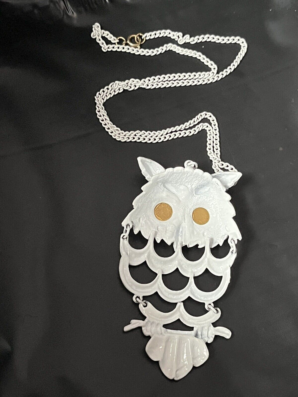 White Chain Large Pendant OWL  Statement Necklace 26” Long