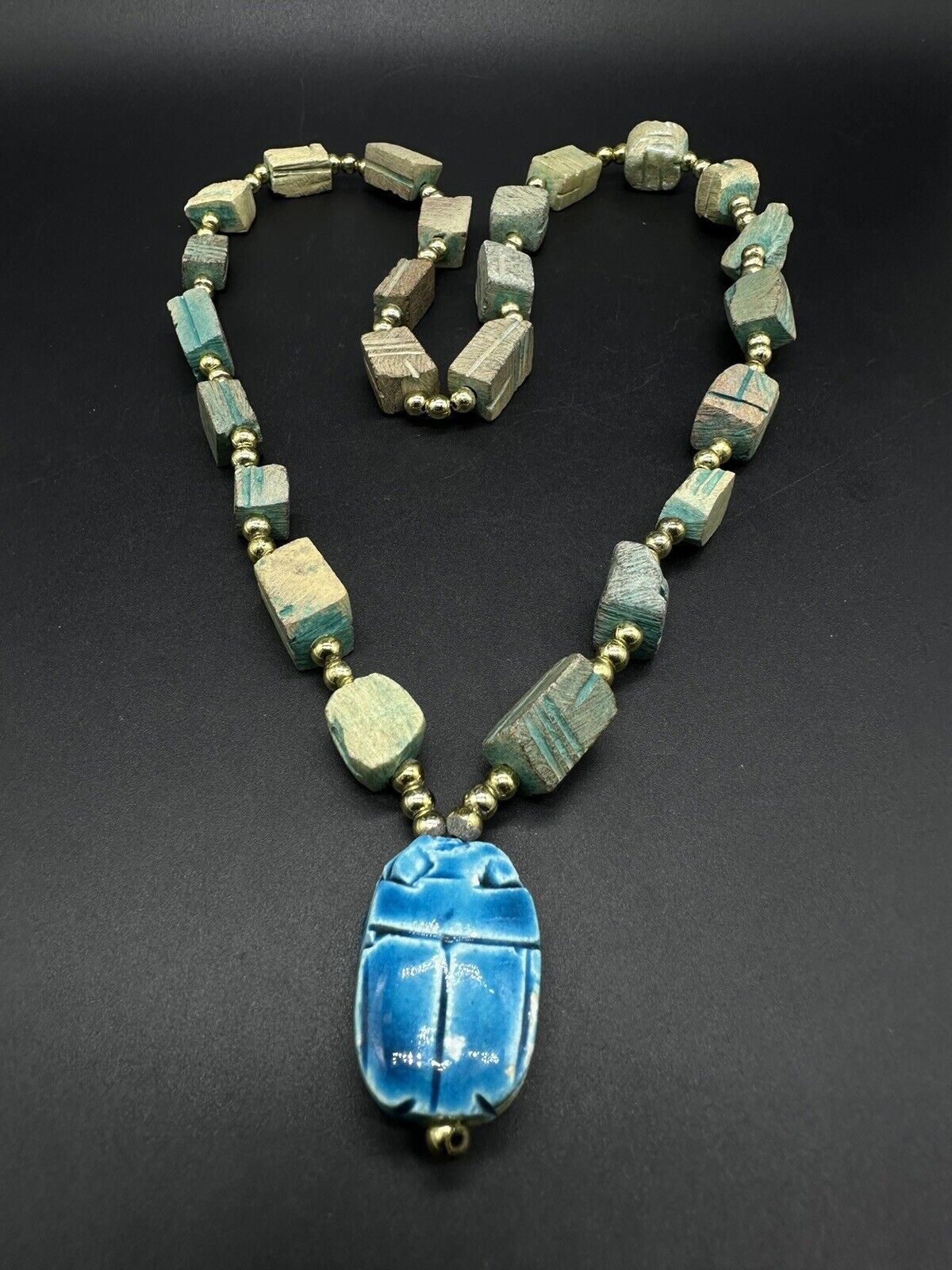 Turquoise Carved Soap Stone Scarab Egyptian Necklace 26” Vintage Signed
