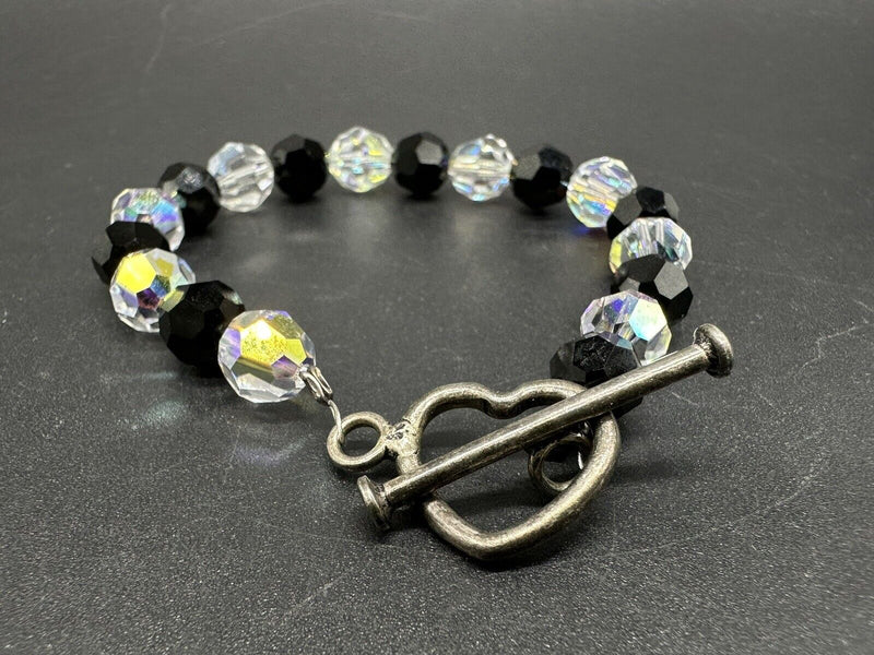 Sterling Silver Bracelet Toggle Clasp Faceted Beads Black Silver Tone 6” 13Gs
