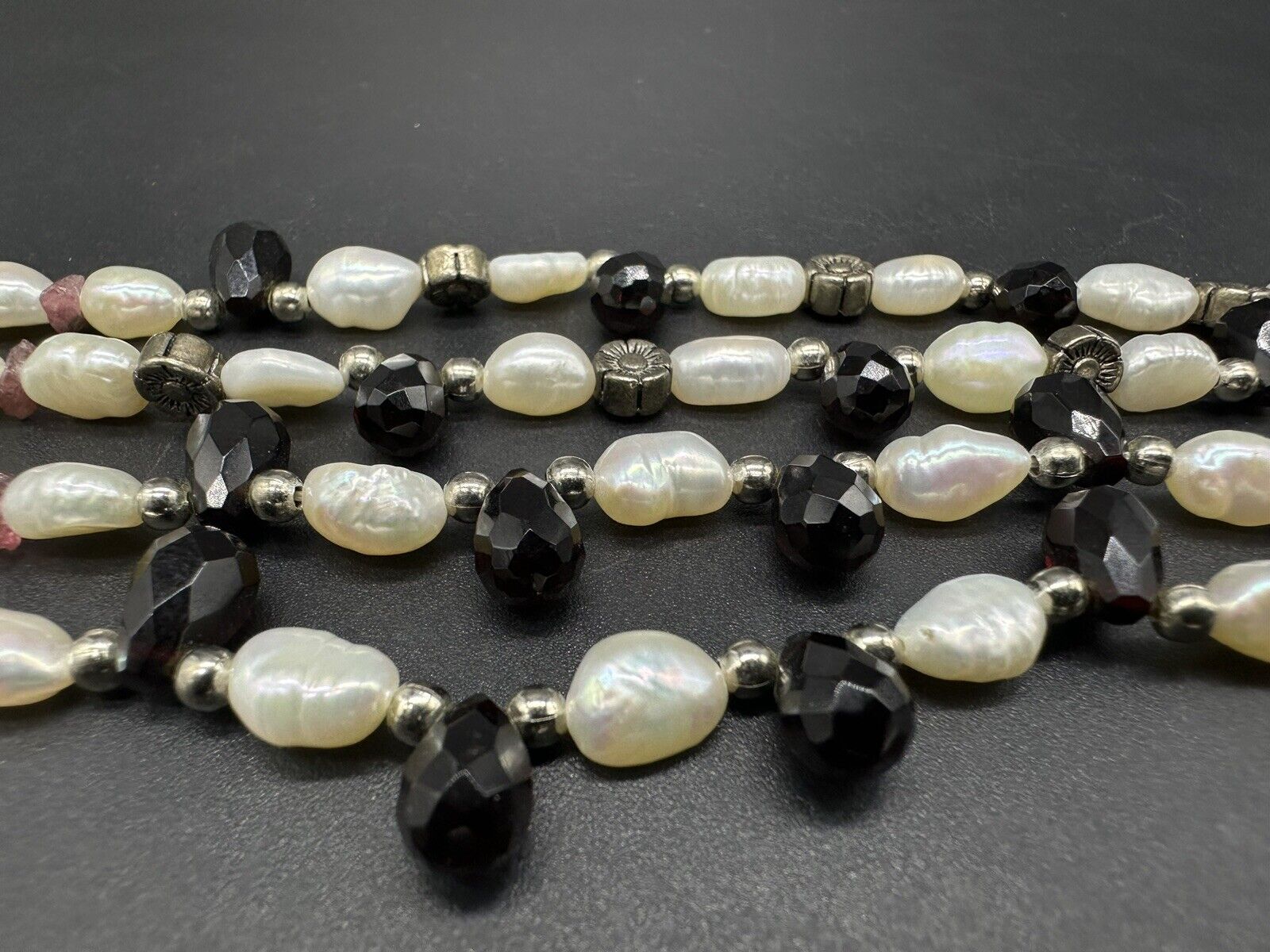 Vtge Freshwater Pearl & Black Faceted Glass Bead Multi-Strand Necklace with Gold Filled Accents