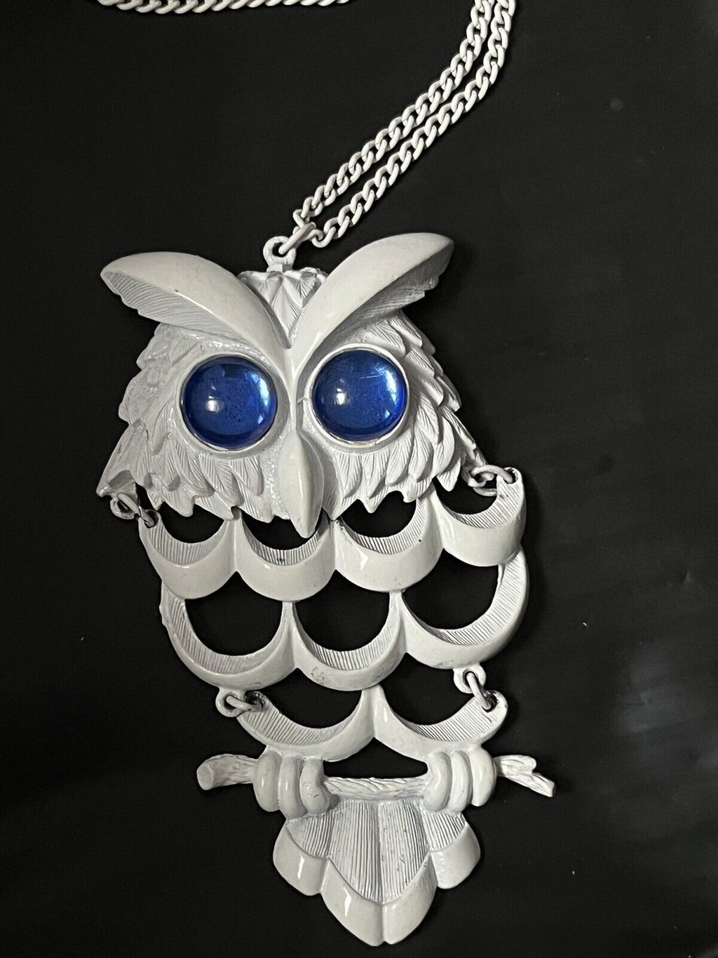 White Chain Large Pendant OWL  Statement Necklace 26” Long