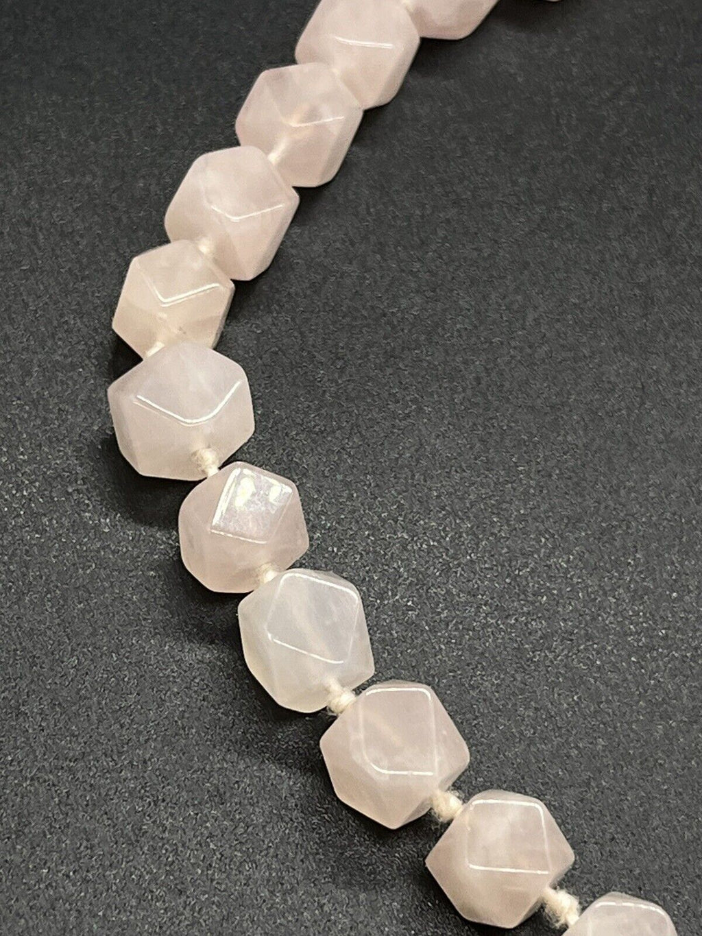 Vintage Pink Rose Quartz Hexagon Knotted Bead Necklace 34" Long