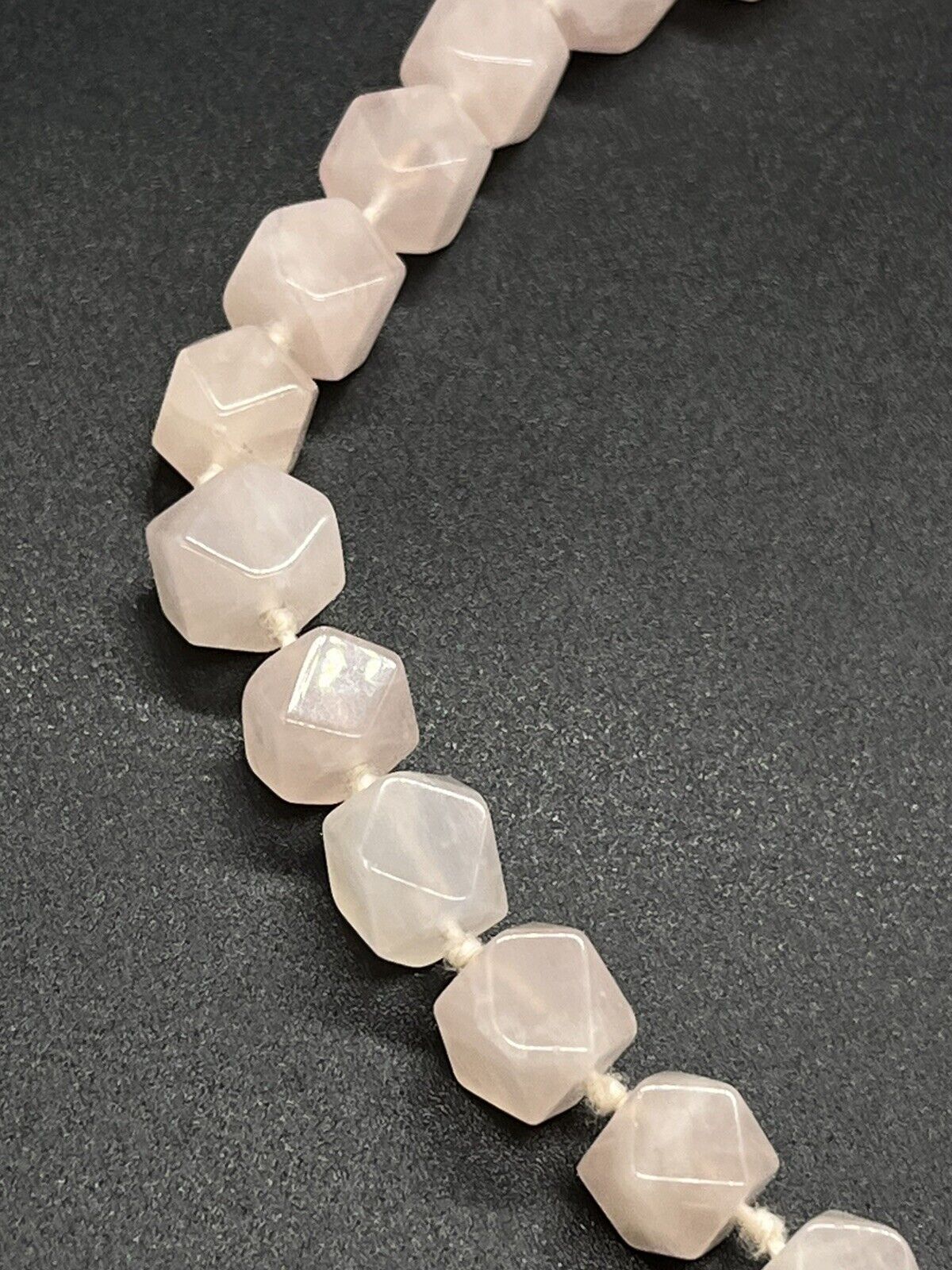 Vintage Pink Rose Quartz Hexagon Knotted Bead Necklace 34" Long