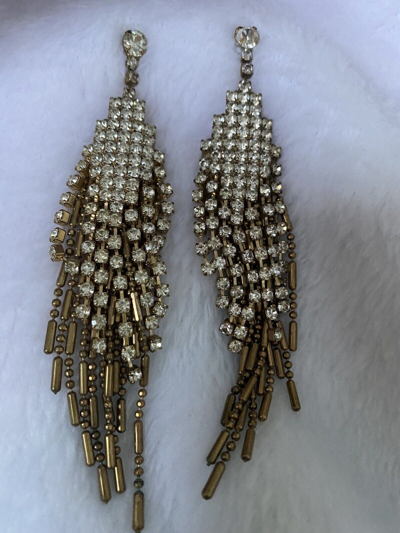Vintage Gold Tone Rhinestones Dangle  Chain Earrings 3.5" long