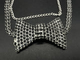 Black Rhinestone Bow Necklace Silver Tone Vintage Statement 24in