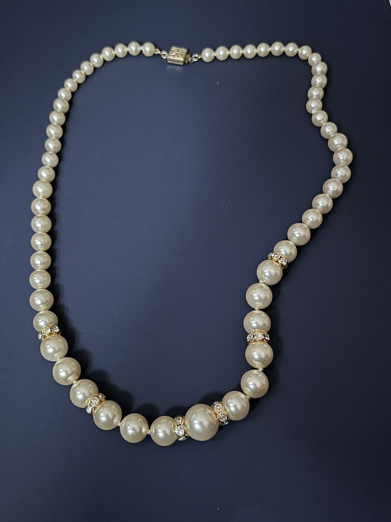 Vintage Gold Filled Graduated Faux Pearls And Rhinestones Necklace 19” Long