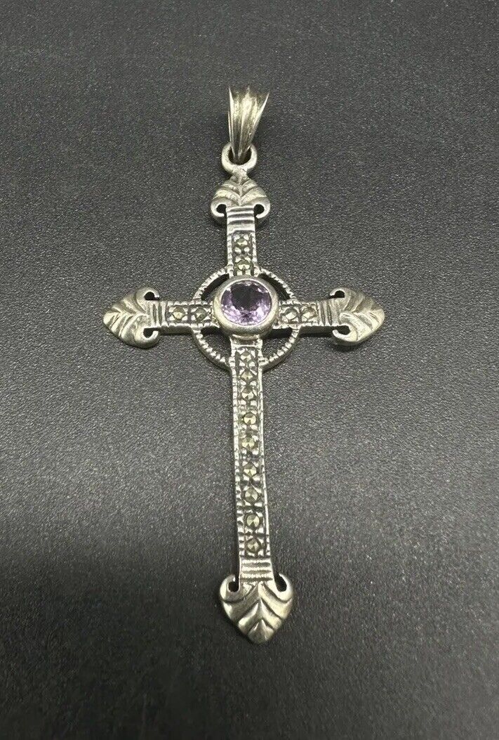 VINTAGE 925 Sterling Silver Amethyst Cross Pendant 4Gs~2”