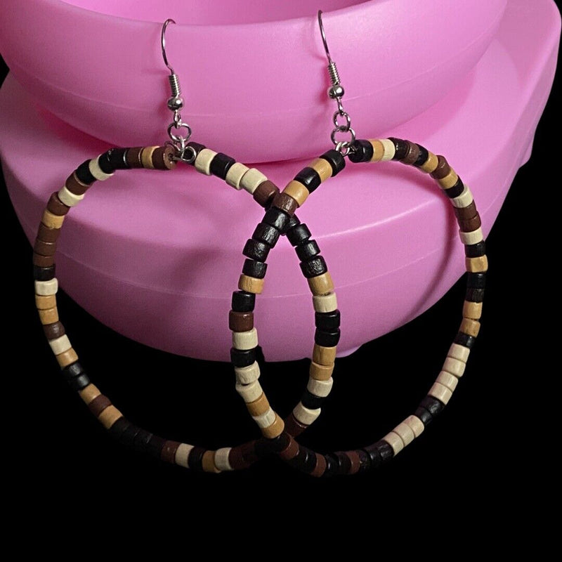 Handmade Crazy Mix Hoop Wood Bead Brown Earrings 2.5"