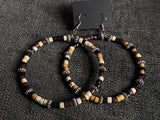 Handmade Crazy Mix Hoop Wood Bead Brown Silver Tone Earrings 2.5"