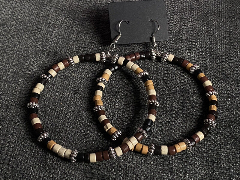 Handmade Crazy Mix Hoop Wood Bead Brown Silver Tone Earrings 2.5"