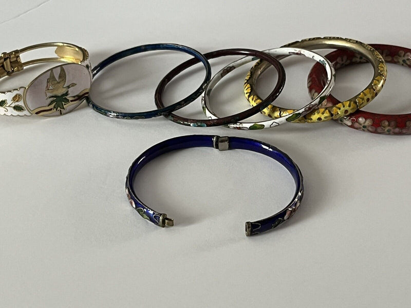 Vintage Cloisonne Enamel Floral Bangle Hinged Bracelet Lot Of 7