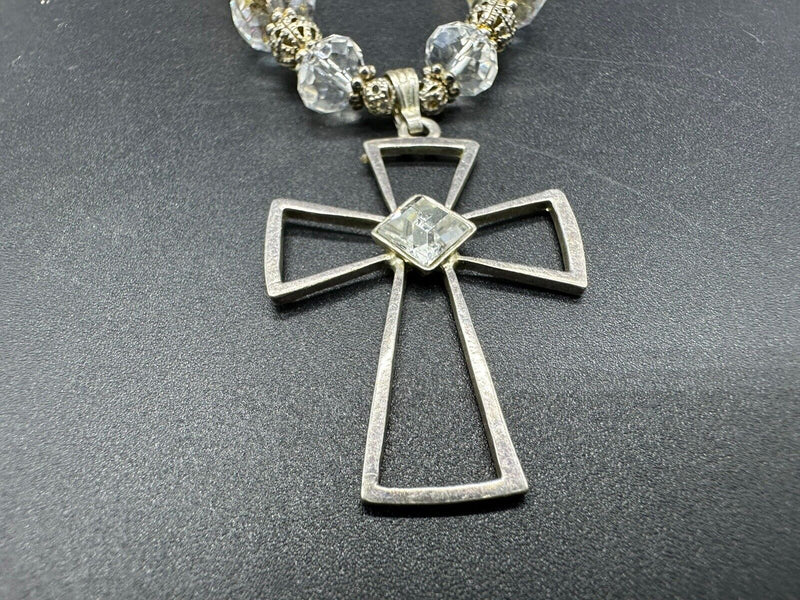 Vintage Silver Tone Filigree Cross Pendant Bead Necklace 19”