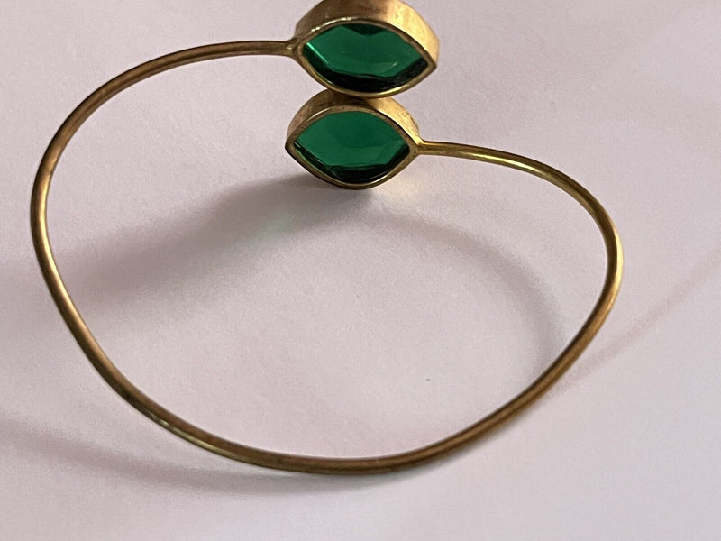 Vintage Emerald Glass Stone Double Stone Gold Plated Adjustable Bangle 7.5”