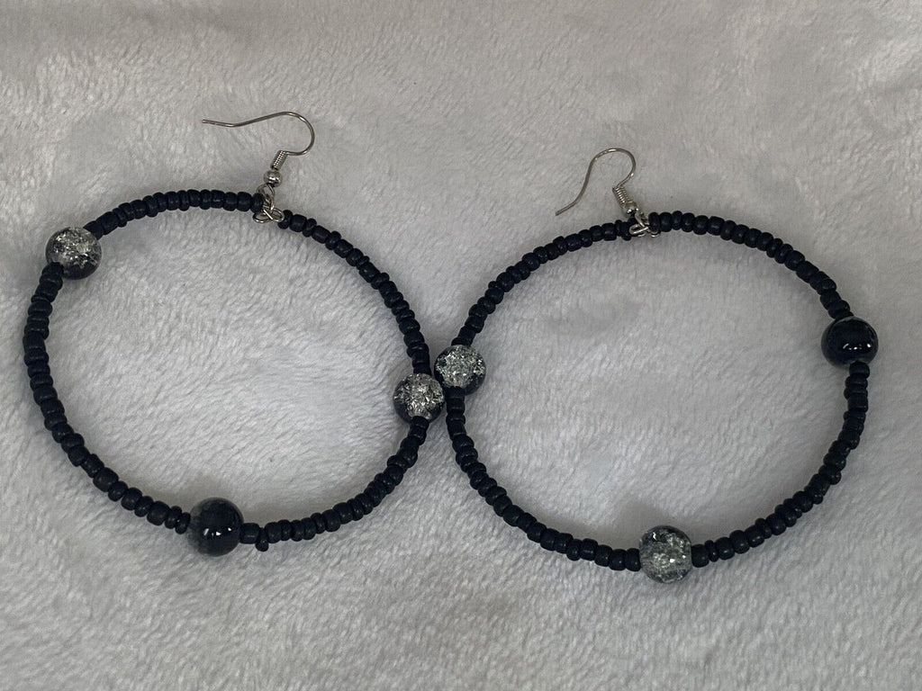 Hoop Black Seed Bead Hoop Earrings 2.5"