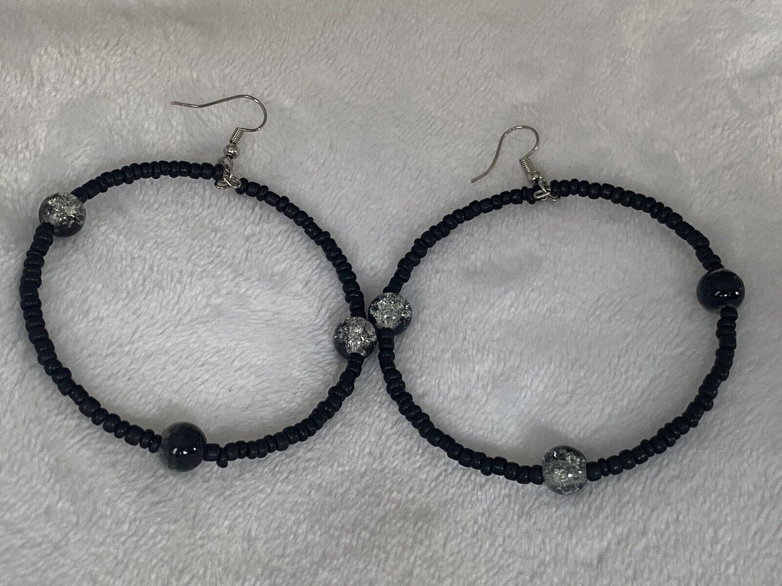 Hoop Black Seed Bead Hoop Earrings 2.5"