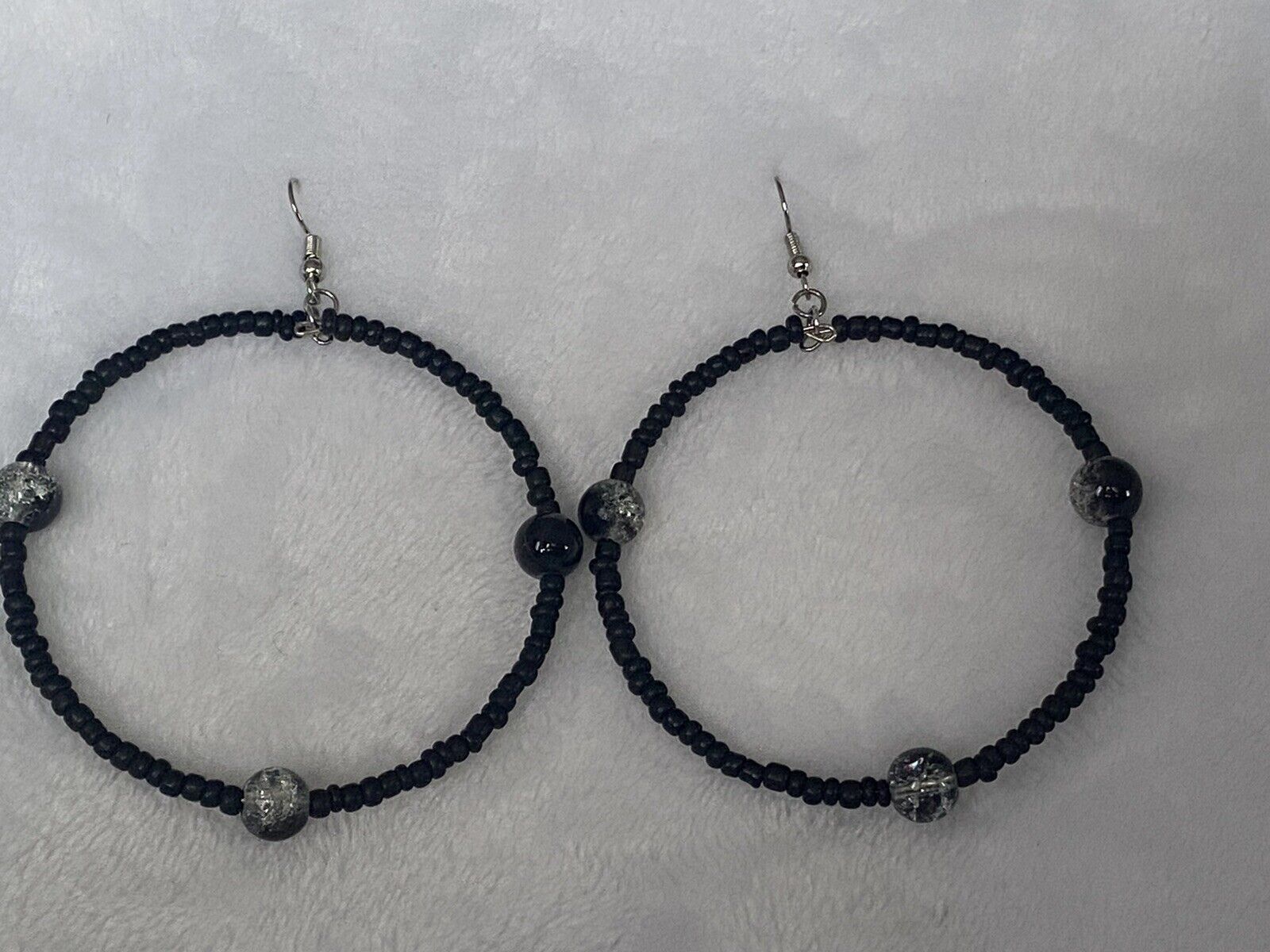 Hoop Black Seed Bead Hoop Earrings 2.5"