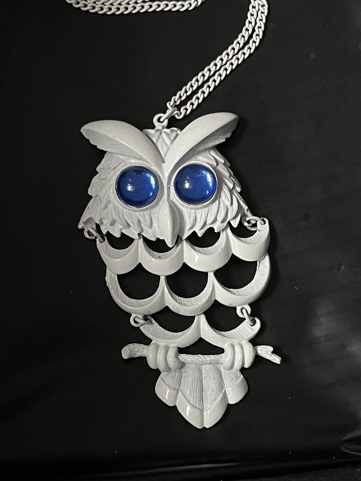 White Chain Large Pendant OWL  Statement Necklace 26” Long