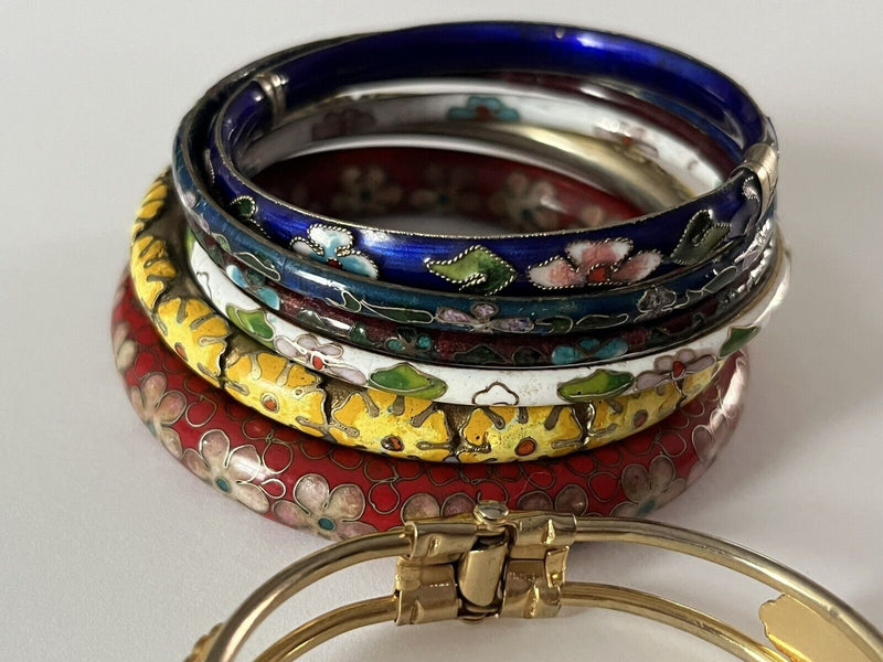 Vintage Cloisonne Enamel Floral Bangle Hinged Bracelet Lot Of 7