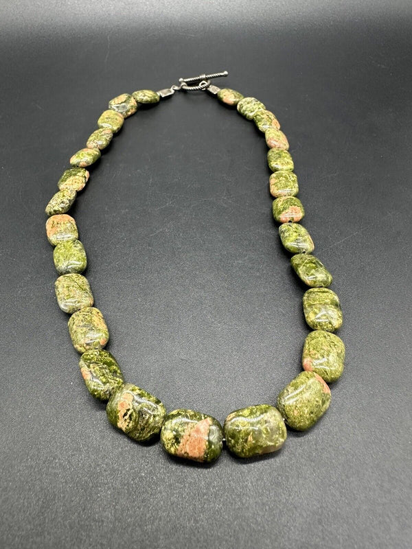 Natural Unakite Gemstone Beaded Necklace w/ Sterling Silver Clasp 16”