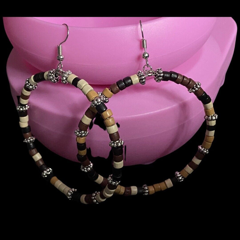 Handmade Crazy Mix Hoop Wood Bead Brown Silver Tone Earrings 2.5"