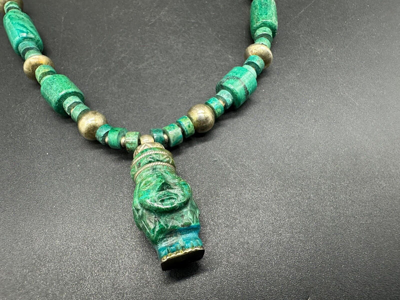 Vintage Carved Malachite Aztec? Sterling Silver Gemstone Bead Necklace  59Gs 20”