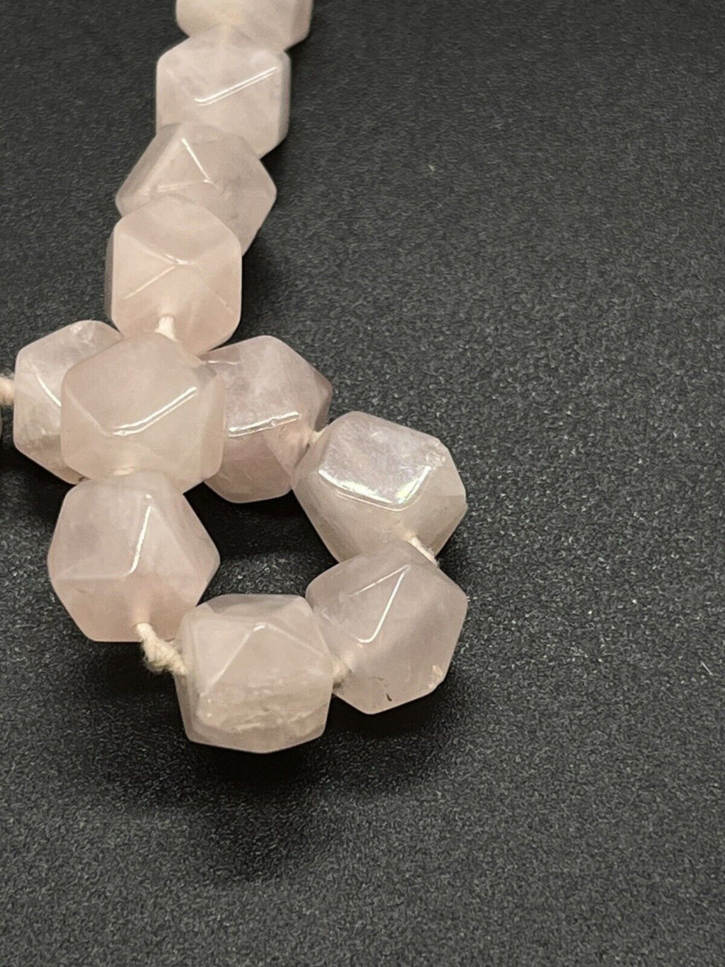 Vintage Pink Rose Quartz Hexagon Knotted Bead Necklace 34" Long