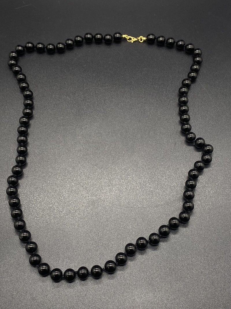 Vintage Monet Black Hand Knotted Bead Necklace 26" Gold Tone Clasp