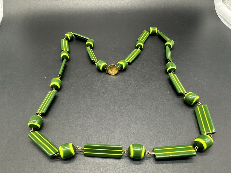 Vintage Art Deco Lucite Green Barrel Bead Necklace 32” 43Gs