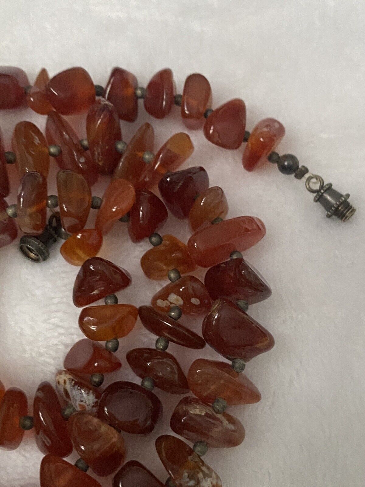 Polished Carnelian Chalcedony Sterling Silver Beaded Barrel Clasp Necklace  21"