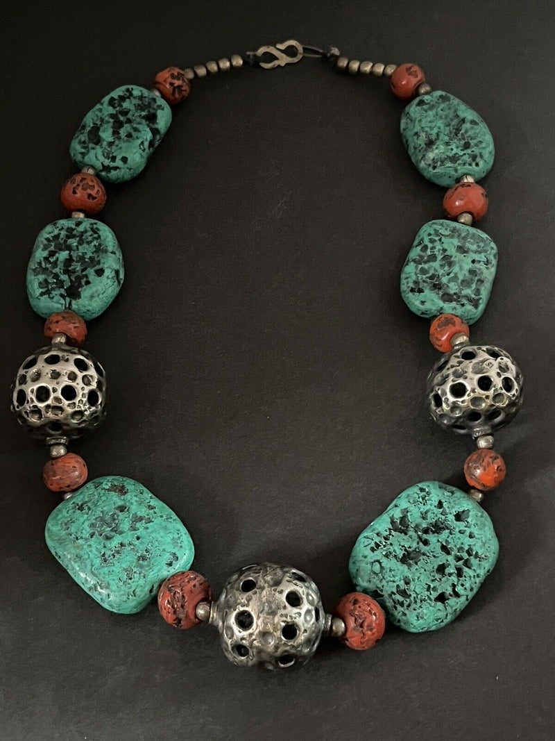 Tibetan Silver Coral/Turquoise Large Bead Necklace  (Heavy)