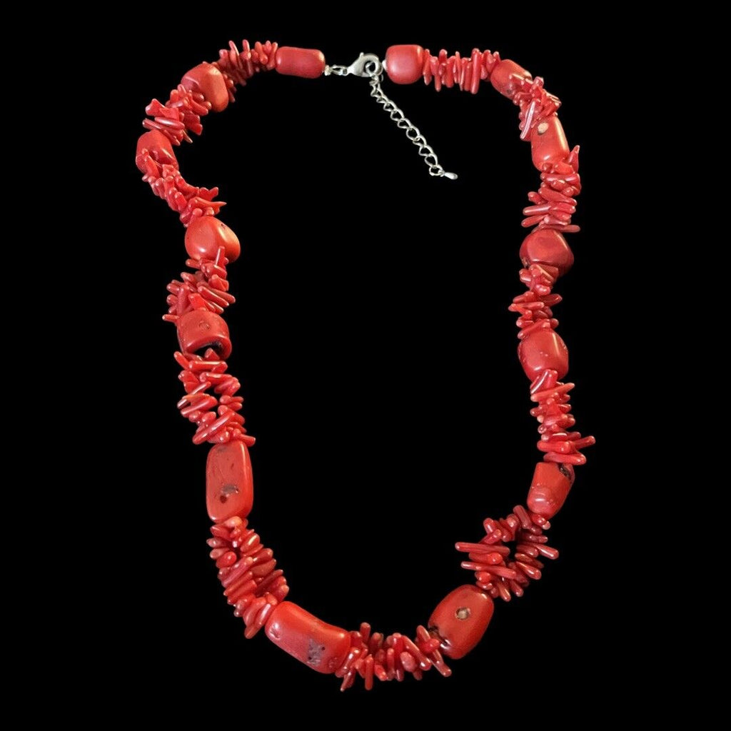 Red Coral Nugget Branch Silver Tone 18"  Necklace