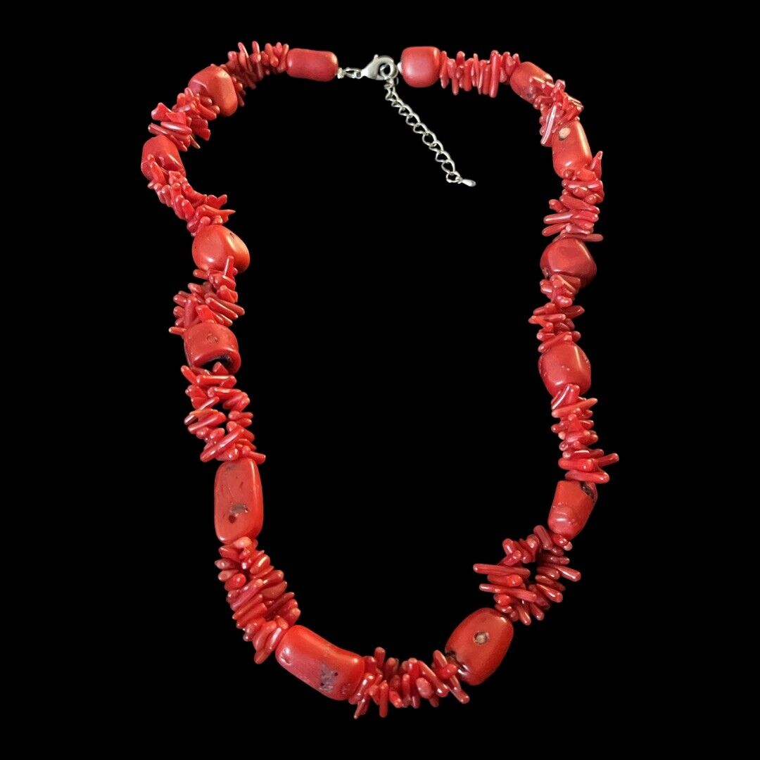 Red Coral Nugget Branch Silver Tone 18"  Necklace