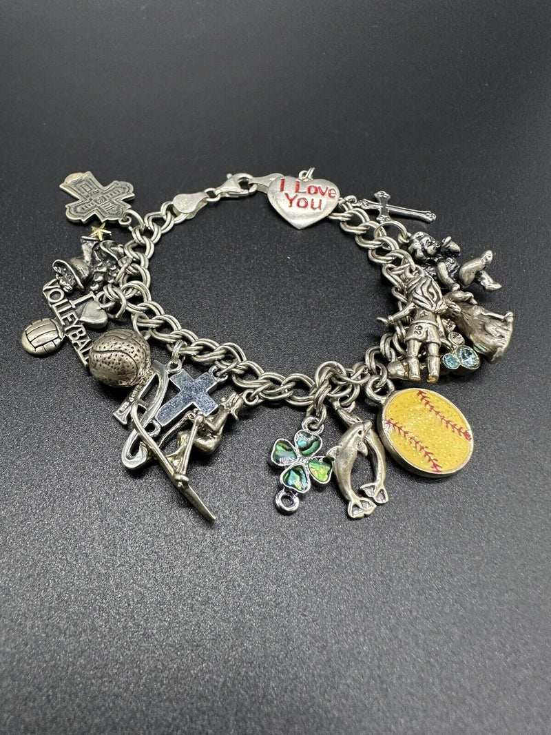 Vintage 925 Sterling Silver Charm Bracelet 6” 45Grams