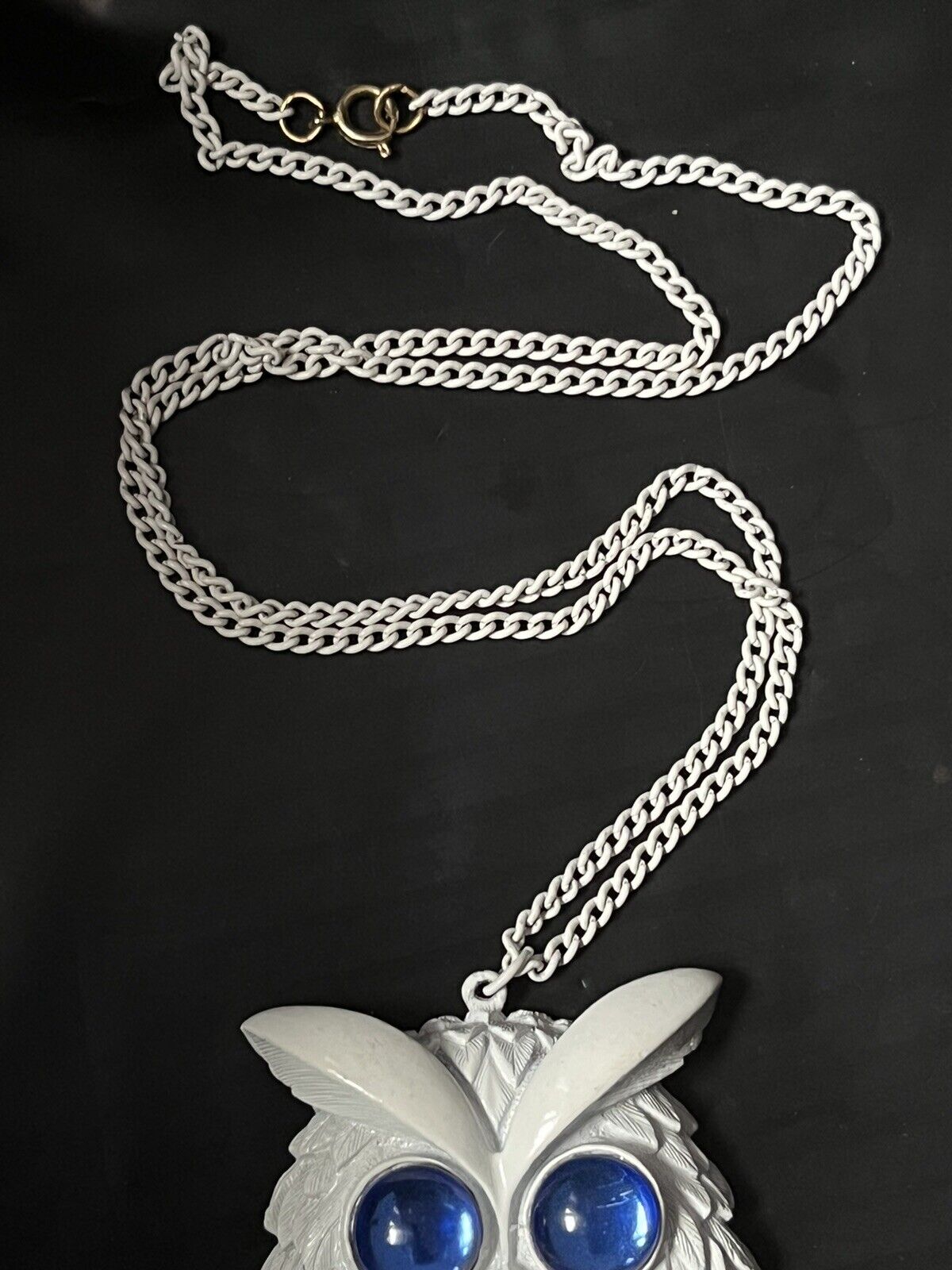 White Chain Large Pendant OWL  Statement Necklace 26” Long
