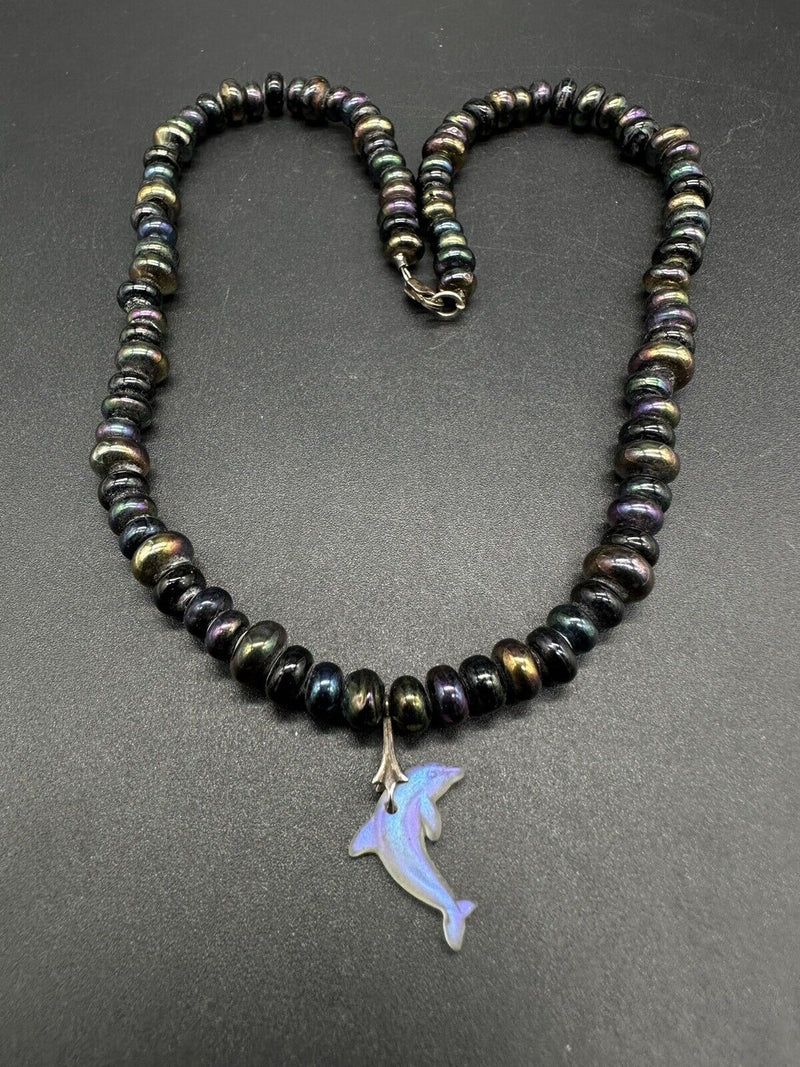 Peacock? Pearl Beaded Necklace w/ Dolphin Pendant Sterling  Silver Clasp 15”