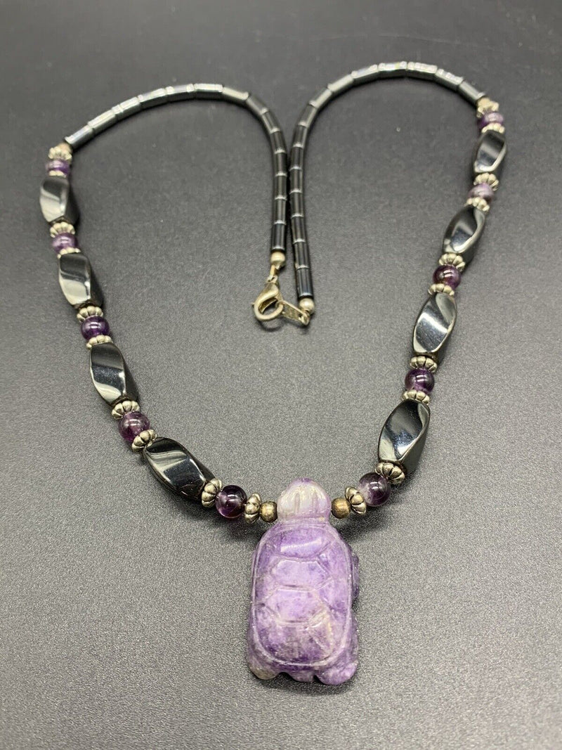 Amethyst Turtle Hematite Bead Necklace 20”