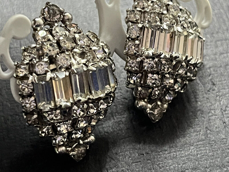 Vintage High-End Domed Baguette Elegant Rhinestone Clip On Earrings 1.5"