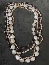 Vintage Freshwater Cultured Pearl Garnet Multi Strand Gold Tone Necklace 18"