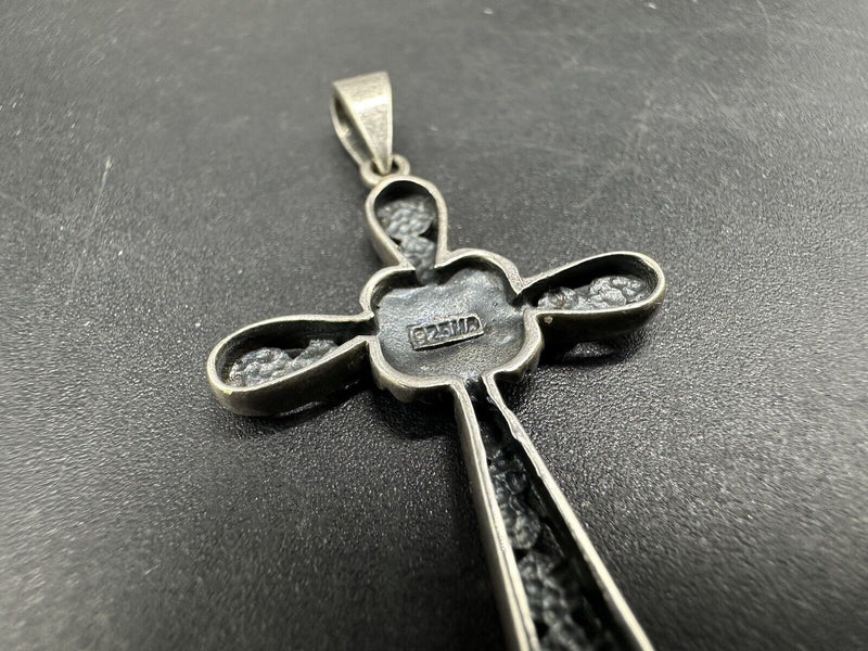 Sterling Silver Marcasite Cross Pendant Charm Patina Vintage 925 1.75”