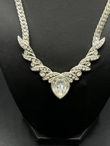 Vintage Signed Monet Herringbone Silver Tone Clear Rhinestone Necklace 16”