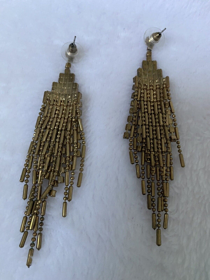 Vintage Gold Tone Rhinestones Dangle  Chain Earrings 3.5" long