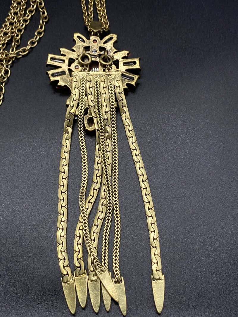 Rhinestone Tassel Pendant Long Necklace Beautiful Gold tone 32" NWOT