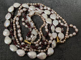 Vintage Freshwater Cultured Pearl Garnet Multi Strand Gold Tone Necklace 18"