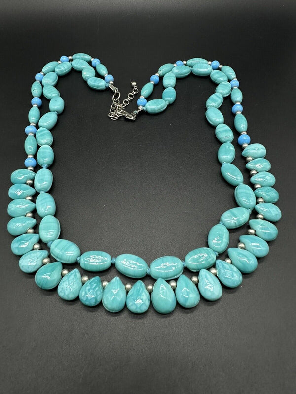 Beautiful Blue Faux Turquoise Oval Gemstone Beads Necklace 28”