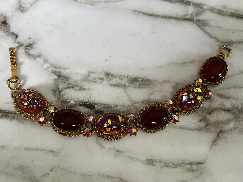 Vintage Gold Tone Ruby Red Foil Elegant Link Bracelet ~High-end~6.5”