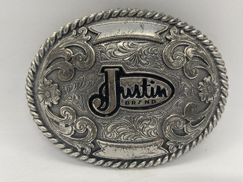 JUSTIN BRAND SILVER TONE WESTERN BELT BUCKLE