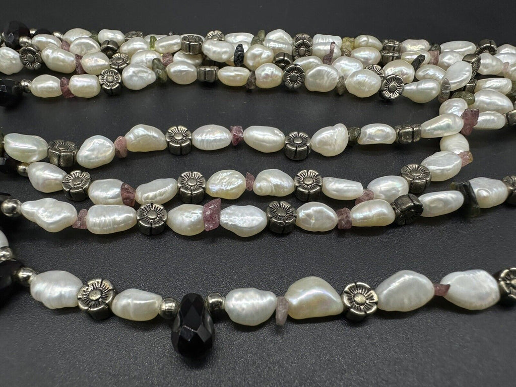 Vtge Freshwater Pearl & Black Faceted Glass Bead Multi-Strand Necklace with Gold Filled Accents