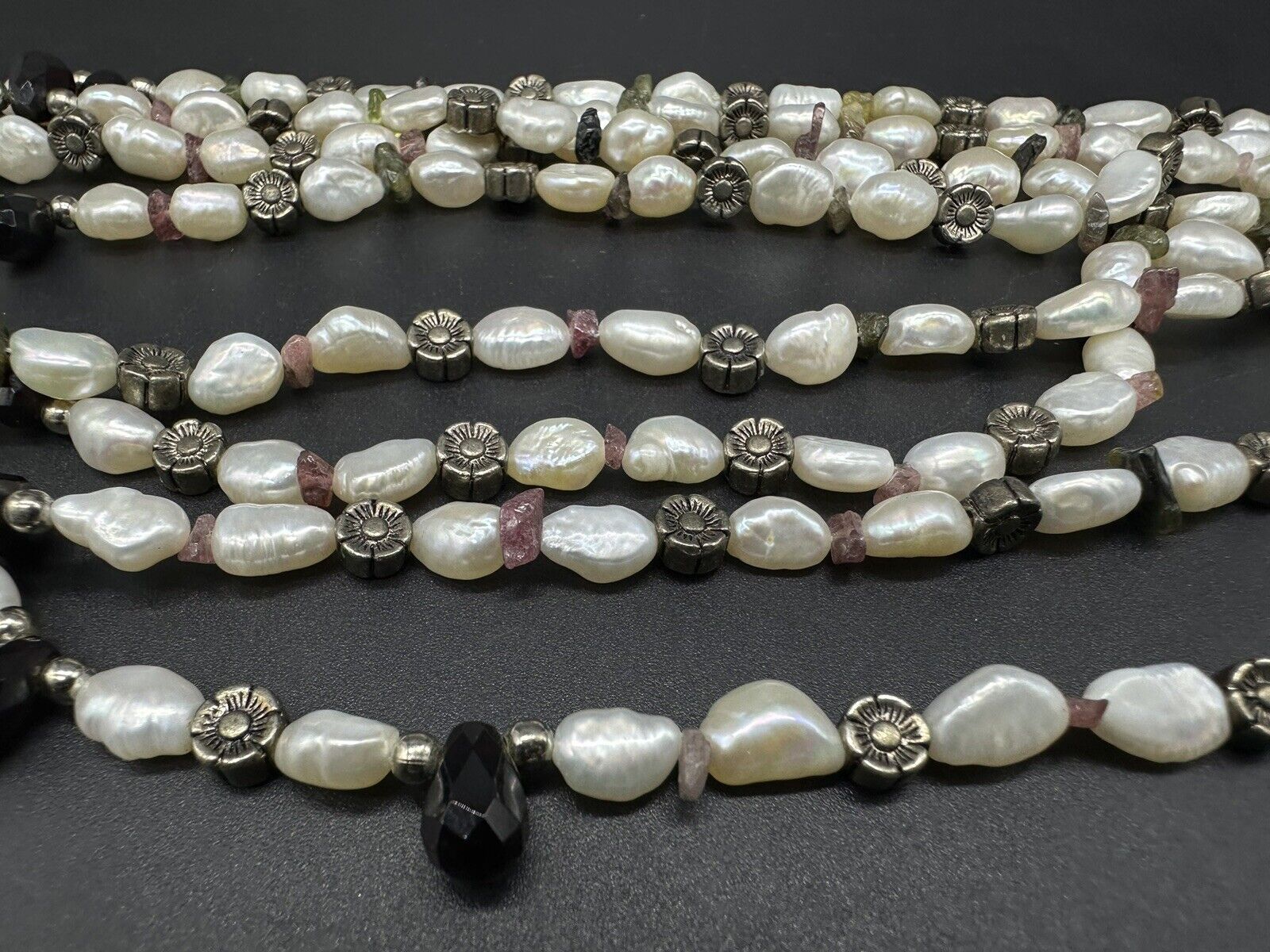 Vtge Freshwater Pearl & Black Faceted Glass Bead Multi-Strand Necklace with Gold Filled Accents