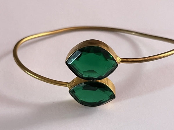 Vintage Emerald Glass Stone Double Stone Gold Plated Adjustable Bangle 7.5”