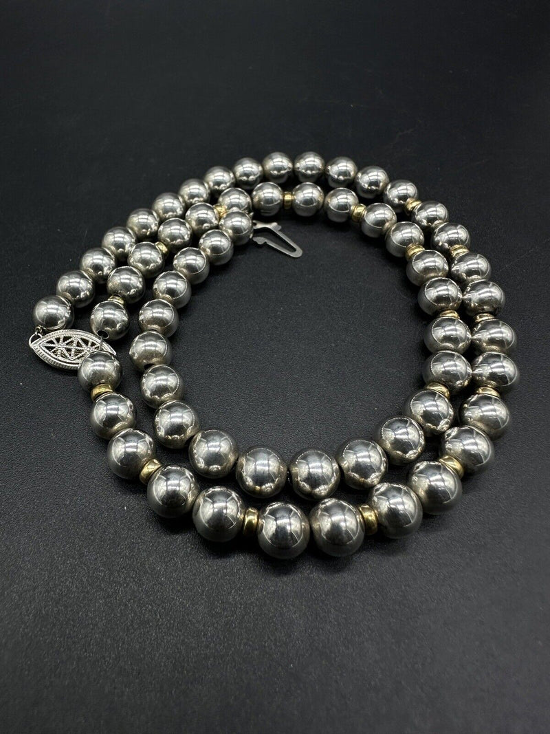 Vintage Sterling Silver W/Gold Filled Bead Necklace - 20" Long 29 Grams